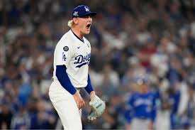 Emmet Sheehan with the Dodgers during a game