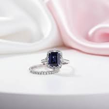 Halo Blue Sapphire Emerald Cut Wedding Ring Set – Black ...