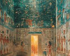 Image of vibrant hieroglyphs and paintings on the tomb walls, depicting scenes of the afterlife and Egyptian mythology.