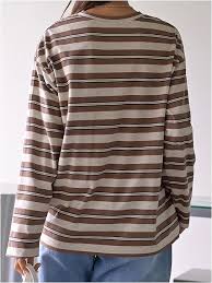 MakeMeChic Women's Striped Round Neck Long Sleeve Tee Shirt Drop Shoulder Tee Shirt Tops Brown Small at Amazon Women's Clothing store