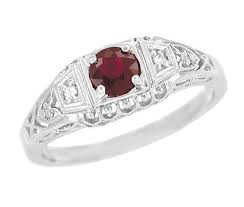Vintage Silver Art Deco Filigree Ruby Promise Ring Diamond Side Stones — Antique Jewelry M