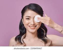 Hình ảnh về woman removing makeup with cotton pad