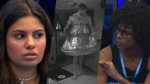 Participantes do BBB 23 em momentos de tensão e reflexão, com um deles usando uma fantasia inusitada.