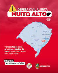 condição SEVERA para tempestades com granizo e rajadas de vento que atuam em áreas da Costa Doce