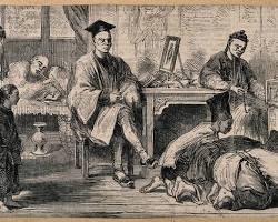 traditional Chinese painting depicting people bowing and using polite language的圖片