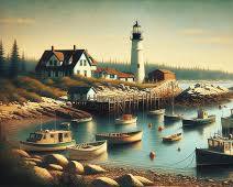 Image of quaint Maine fishing village with colorful boats and a lighthouse