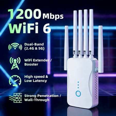 Ourlife 2026 Dual Band WiFi Range Extender with 6 External Antennas, Ac1200 Signal Booster Repeater, 2.4GHz & 5GHz, Ethernet Port, Wall Plug WiFi