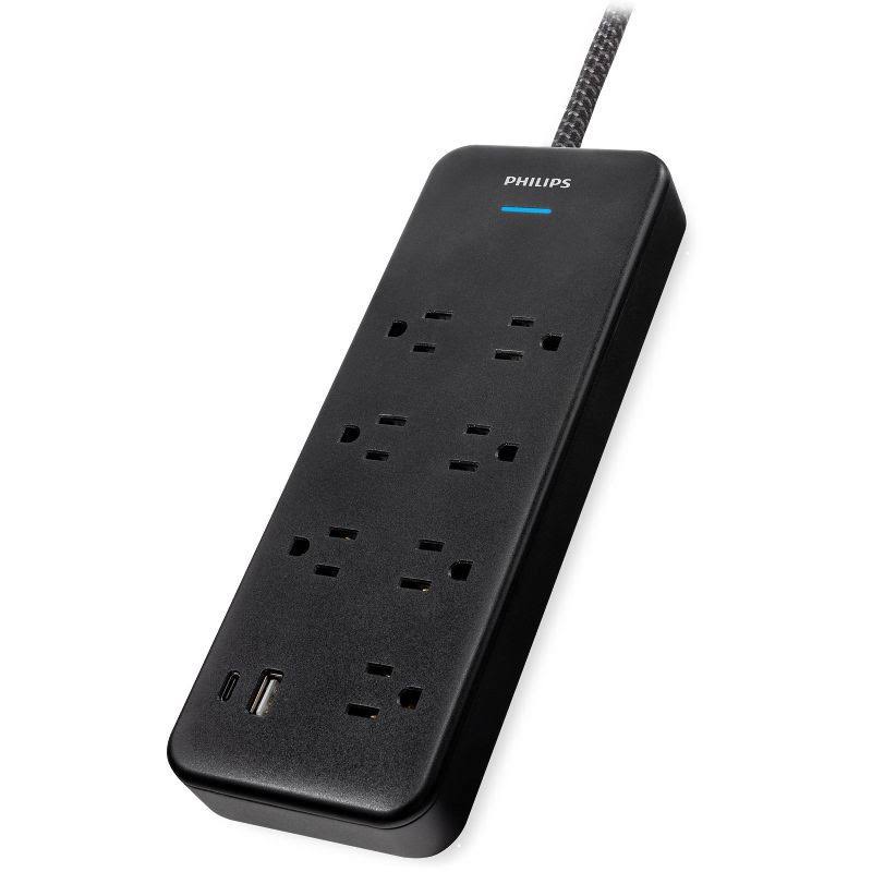 Philips Surge Protector 4ft 7 Outlet Adapter-Spaced USB-A USB-C 1500 Joules Braided Cord