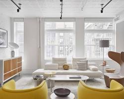 Image of minimalist loft in SoHo with bold accent colors and geometric patterns