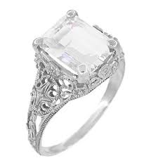 Vintage Edwardian Filigree Emerald Cut White Topaz Ring - Sterling Silver — Antique Jewelr