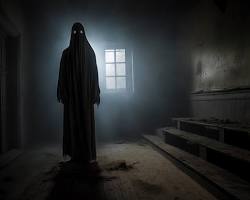 ghostly figure standing in a dimly lit roomの画像