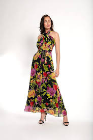London Times Women's Twist Neck Feminine Chiffon Halter Maxi Dress Occasion Guest of Mother of The Bride, Red/Fuchsia at Amazon Women's Clothing store - Product from Amazon.com