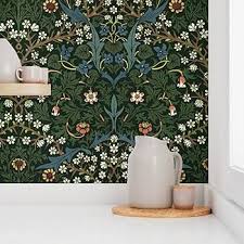 Peel & Stick Wallpaper 12ft x 2ft - William Morris Vintage Antique Victorian Tulips Damask Evergreen Forest Green Maximalist Folk Art Custom Removable Wallpaper by Spoonflower - Amazon.com