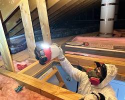 Image de technician inspecting attic for rodents royalty free