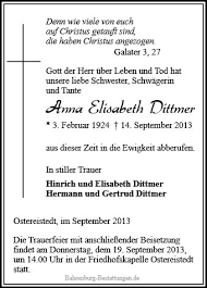Anzeige für Anna Elisabeth Dittmer