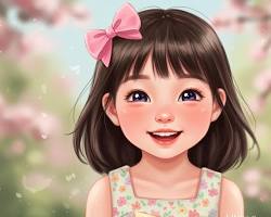 Image of girl wearing light pink floral dress with bow in her hair in garden