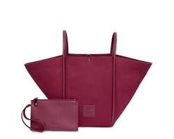 Image of leather bucket bag in a rich burgundy color