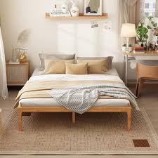 FUFU&GAGA Yellow Wood Grain Rubber Wood and Pine Wood Frame Queen Size Panel Bed with 9-Legs L-THD-210312-01-c - The Home Depot