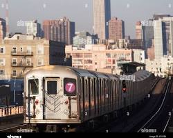 Image of train passing by the New York City skyline