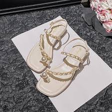 Amazon.com | Crepuscute Women's Pearl Rhinestone Toe Ring Sandals Bohemia Fashion Open Toe Flat Sandals Summer Slippers Shoes (sliver,4.5,4.5) | Shoes