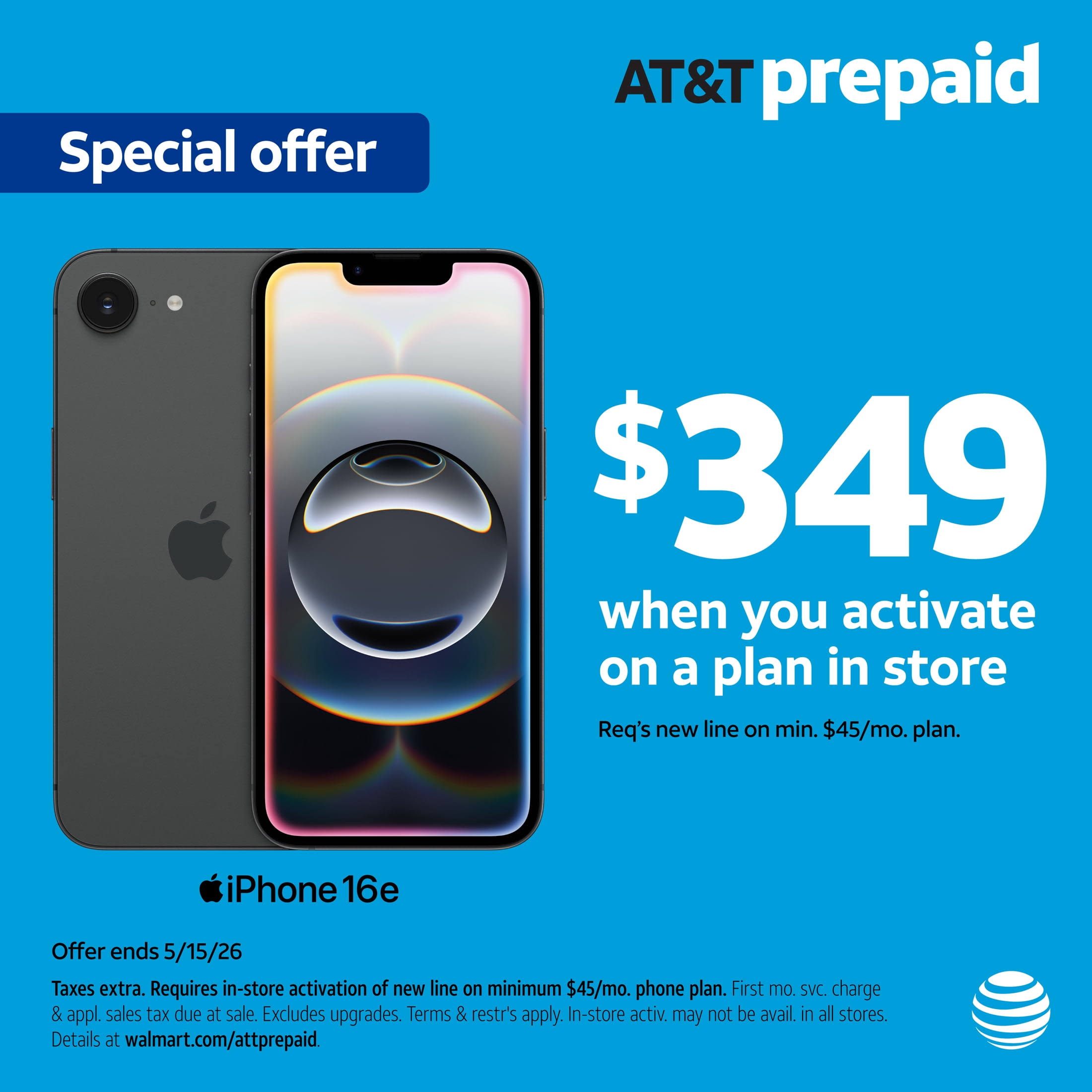 At&t Apple iPhone 16e, 128gb, Black - Prepaid Smartphone [Locked to At&t], Size: 128 GB