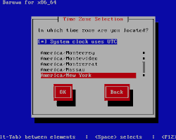 Image of text mode installation screen showing time zone and user account configuration