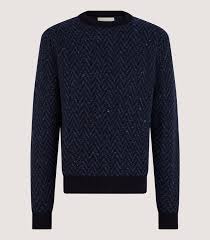 Purdey | Knitwear | Men's Hertford Herringbone Crew Neck Jumper in Midnight Blue