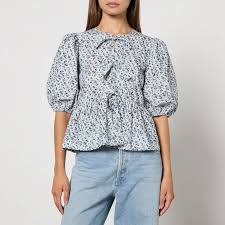 Ganni Printed Cotton-Poplin Peplum Blouse - EU 36/UK 8 | Coggles