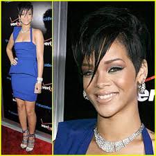 Rihanna is true blue in a form-fitting Preen dress at the Verizon &amp; BlackBerry Grammy Party at Boulevard 3 on Friday (February 6), in Los Angeles. - rihanna-pre-grammy-party