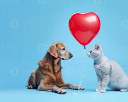 dog and a cat with heartshaped balloonsの画像