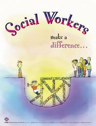 One person on the right side of a deep hole and a group of people on the other side with a social worker in the hole building a bridge. Text reads social workers make a difference.