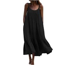 XUNRYAN Women's Summer Sleeveless Slip Maxi Dress Cotton Blend Ruffle Tiered Flowy Swing Beach Casual Dresses Sundress Black at Amazon Women's Clothing store