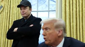 Elon Musk listening to President Donald Trump in the Oval Office