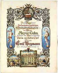 Urkunde für Emil Heymann (1842-1911) zum 25. Geschäftsjubiläum im ...