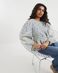 Petite Blue Floral Shirred Bodice Top | River Island