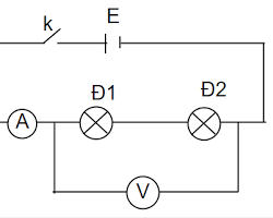 Hình ảnh về Sơ đồ mạch điện gồm dây dẫn, 1 khóa, 2 bóng đèn mắc nối tiếp, 1 ampe kế, 1 vôn kế, 1 diode, 1 nguồn điện