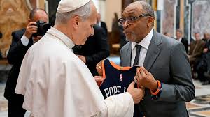 Spike Lee Wears Knicks Jersey Signed by Pope Leo XIV