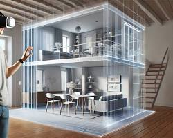 Изображение: couple using a virtual reality headset to visualize different furniture arrangements in their living room, guided by an AIpowered interior design app.