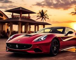 luxurious sports car parked in front of a tropical resortの画像