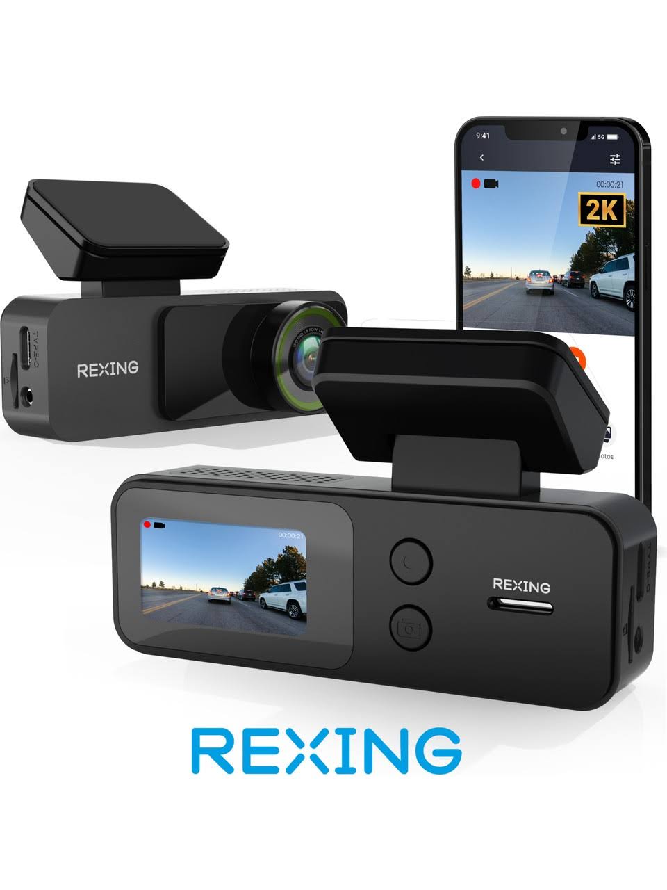 Rexing V1 Lite 2K Wi-Fi Dash Cam with USB-C Connection and 32GB microSD Card