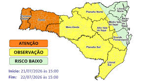 Atualização: Atenção Meteorológica SDC/SC 21/07 09:30 - Temporais e chuva intensa entre essa terça (21) e a quarta-feira (22)