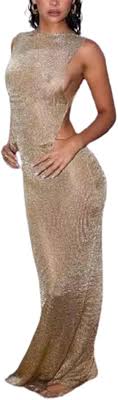 QNI Crochet Dress Sexy Maxi Dresses Sheer Casual Sundress Backless Beach Summer Bodycon Sleeveless Sweater Dress (Khaki,Small) at Amazon Women's Clothing store - Product from Amazon.com