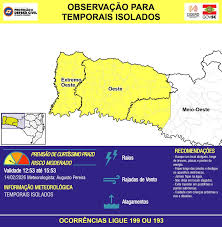 OBSERVAÇÃO – 14/02 12:53 – TEMPORAIS ISOLADOS com RAIOS, RAJADAS DE VENTO e ALAGAMENTOS pontuais nas próximas 3 horas. Ocorrências ligue 199 ou 193.