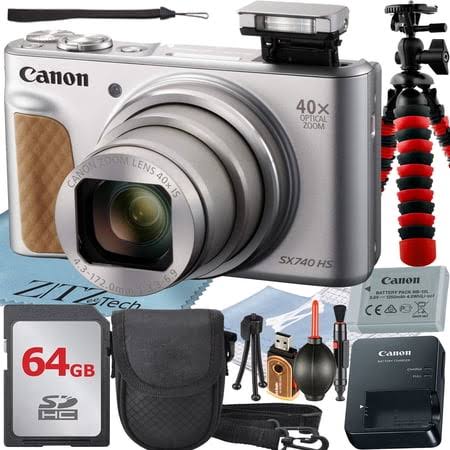 Canon PowerShot Sx740 HS Digital Camera (Silver) with 40x Optical Zoom Lens + 64gb Memory Card + Case + ZeeTech Advanced Bundle, Black