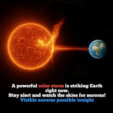⚡ Powerful Solar Storm Alert! 🌍✨ ☀️ What's Happening? A strong solar storm is currently striking Earth, sending a surge of charged particles into our planet's magnetic field. 🌌 Aurora Alert: Expect