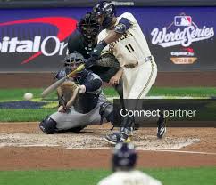 Licensable picture: Milwaukee Brewers left fielder Jackson Chourio (11) hit a single during the seventh inning during Game 1 of the World Series
