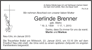 TA Gerlinde Brenner Ulm - Todesanzeigen - Südwest Presse Online