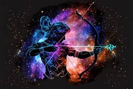 Silhueta de Sagitário, o arqueiro, em um fundo cósmico vibrante com estrelas e nebulosas coloridas.