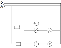 Hình ảnh về Sơ đồ nguyên lí mạch điện gồm 1 CB, 2 công tắc 2 cực điều khiển 2 bóng đèn, 1 ổ cắm