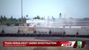 Train derails and catches fire in Roseville, causing road closures